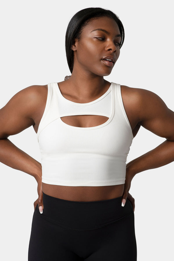 Aria Crossover Rib Tank Top Bra - White