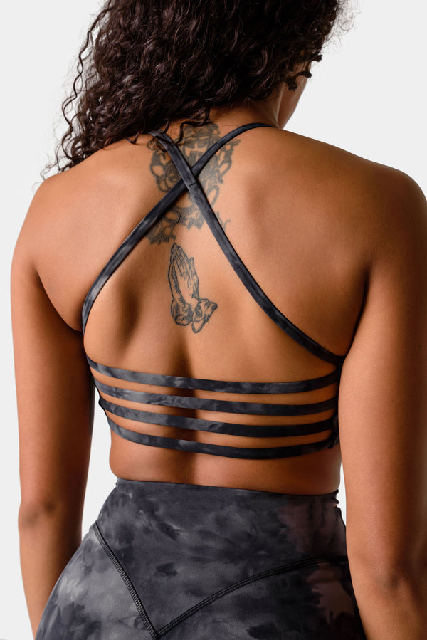 Iris Strappy Back Crop Sports Bra - Black Tie Dye
